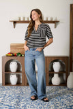 STRIPE SHORT SLEEVE BOXY HENLEY KNIT TOP-backorder: MOCHA
