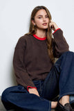 CONTRAST ROLLED EDGE CREWNECK PULLOVER : CHARCOAL