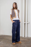 STRIPED OPEN FRONT CROCHET KNIT VEST: TAUPE
