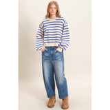 Striped Ribbed Crew Neck Sweater: CAMEL / S-M-L(2-2-2)