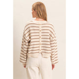 Striped Ribbed Crew Neck Sweater: CAMEL / S-M-L(2-2-2)