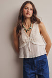 Lace Yoke Tie-Front Sleeveless Top FT0050: Ivory / Contemporary / L