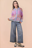 12W3468N-Oversized Button Down Graphic Knit Sweater Top: BLUE / S-M-L/2-2-2