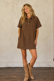 Polka Dot Denim Shirt Dress: BROWN / L