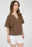 CONTRAST STITCH DROP SHOULDER CUFF SLEEVE KNIT TOP : CREAM