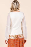 MIXED MEDIA TEXTURED KNIT CHIFFON LONG SLEEVE TOP: IVORY / S