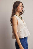 Lace Yoke Tie-Front Sleeveless Top FT0050: Ivory / Contemporary / L