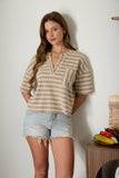 STRIPE SHORT SLEEVE BOXY HENLEY KNIT TOP-backorder: MOCHA