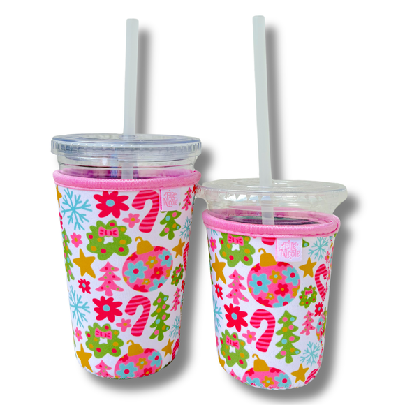 Coffee Cup Cover - Pink Christmas- Iced Drink Sleeve : Large / 24oz
