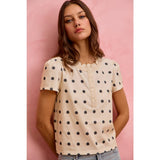 POLK-A-DOT KNIT LACE TRIM ON NECKLINE SHORT TOP: OFF WHITE/BLACK / L