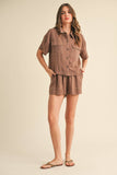 BUTTON UP BOXY SHIRT AND SHORTS SET MPST3891: BROWNIE / L