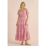 Smocked Waist Maxi Dress with White Floral Embroidery: Pink / L