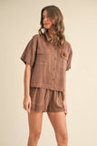 BUTTON UP BOXY SHIRT AND SHORTS SET MPST3891: BROWNIE / L