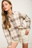 PLAID BUTTON DOWN COLLARED BOXY LONG SLEEVE SHIRT : KHAKI MULTI