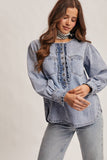 Ruffle Trim Denim Blouse FT0021: Cloud Wash / Contemporary / L