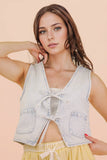 VJT80005-VERY JEAN Acid Washed Denim Front Tie Vest: INDIGO / S-M-L/2-2-2