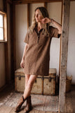 Polka Dot Denim Shirt Dress: BROWN / L