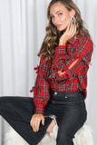 Bow Accent Puff Sleeve Collared Neck Plaid Shirt VT82811C: Hunter green / L