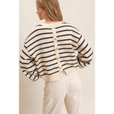 Striped Ribbed Crew Neck Sweater: CAMEL / S-M-L(2-2-2)