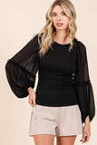 MIXED MEDIA TEXTURED KNIT CHIFFON LONG SLEEVE TOP: IVORY / S