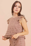 NT12510-Shoulder Ruffle Detail Lace Top: TAUPE / S-M-L/2-2-2