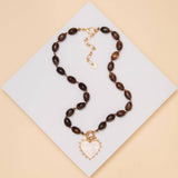 Heart Charm Beaded Necklace- Brown