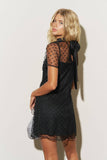 BEADED TULLE MESH SHORT SLEEVE BACK TIE MINI DRESS: BLACK