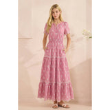 Smocked Waist Maxi Dress with White Floral Embroidery: Pink / L