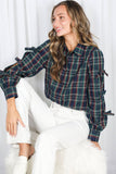 Bow Accent Puff Sleeve Collared Neck Plaid Shirt VT82811C: Hunter green / L