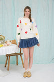 MULTICOLOR HEART CREWNECK KNIT PULLOVER SWEATER: BUTTER YELLOW MULTI