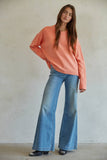 W1540 | Knit Sweater Ribbed Detailed Crew Neck Pullover: Salmon Pink / L