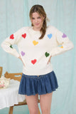 MULTICOLOR HEART CREWNECK KNIT PULLOVER SWEATER: BUTTER YELLOW MULTI