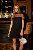 BEADED TULLE MESH SHORT SLEEVE BACK TIE MINI DRESS: BLACK