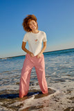 ELASTIC WAIST BAND GINGHAM PRINTED BARREL FIT TWILL PANTS: CREAM-RED GINGHAM / L