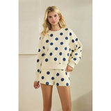 Polka Dot Crew Neck SweatShirt: Sky Blue/Navy / L