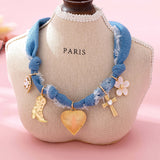 Western Denim Cowboy Boot & Cross Charm Necklace | 80N92859: Gold