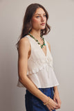Lace Yoke Tie-Front Sleeveless Top FT0050: Ivory / Contemporary / L