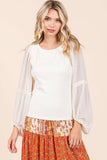 MIXED MEDIA TEXTURED KNIT CHIFFON LONG SLEEVE TOP: IVORY / S