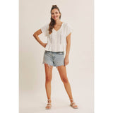 NATURALLY AIRY FEEL COTTON GAUZE LACE TRIM BABYDOLL BLOUSE: PEARL / L