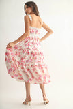 CD10679J FLORAL LACE-TRIM TIERED DRESS: FUCHSIA MULTI / S-M-L (3-2-1)