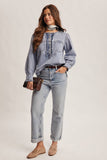 Ruffle Trim Denim Blouse FT0021: Cloud Wash / Contemporary / L