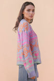 12W3468N-Oversized Button Down Graphic Knit Sweater Top: BLUE / S-M-L/2-2-2