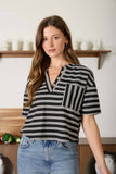 STRIPE SHORT SLEEVE BOXY HENLEY KNIT TOP-backorder: MOCHA