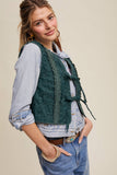 Embroidered Lace Tie-Front Vest: Deep Green / L