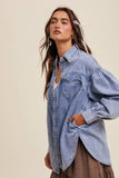 Heart Detail Oversized Denim Shirt: Indigo / L