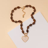 Heart Charm Beaded Necklace- Brown