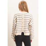 Striped Ribbed Crew Neck Sweater: CAMEL / S-M-L(2-2-2)