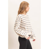 Striped Ribbed Crew Neck Sweater: CAMEL / S-M-L(2-2-2)