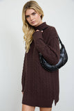 CABLE KNIT MOCK NECK MINI SWEATER DRESS: CHOCOLATE BROWN