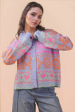 12W3468N-Oversized Button Down Graphic Knit Sweater Top: BLUE / S-M-L/2-2-2